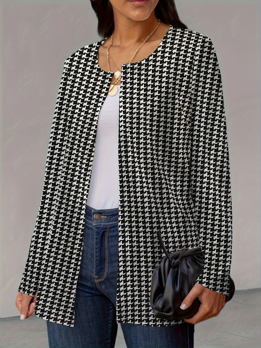 Houndstooth Open Front Long Sleeve Jacket-Angel Casuals