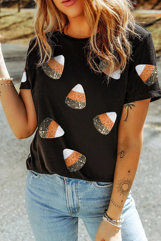 Sequin Round Neck Short Sleeve T-Shirt-Angel Casuals