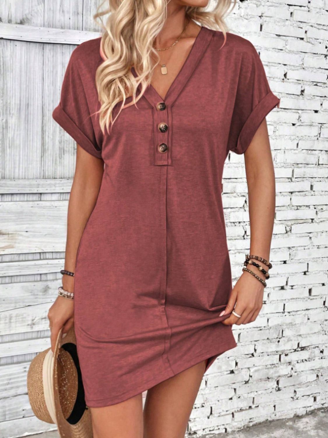 Quarter Button V-Neck Short Sleeve Dress-Angel Casuals