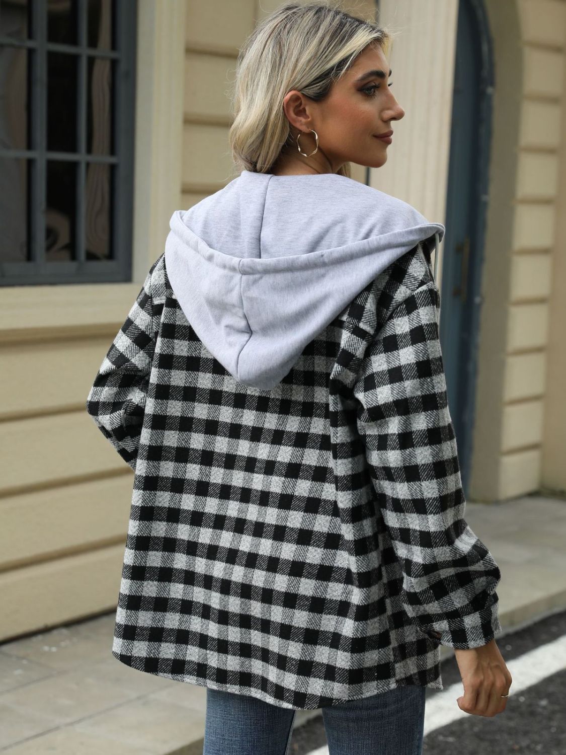 Drawstring Plaid Long Sleeve Hooded Jacket-Angel Casuals