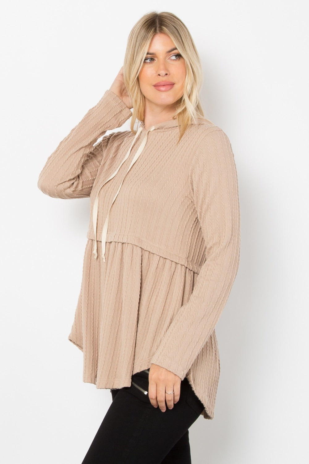 Be Stage Full Size Long Sleeve Peplum Cable Knit Hoodie-Angel Casuals