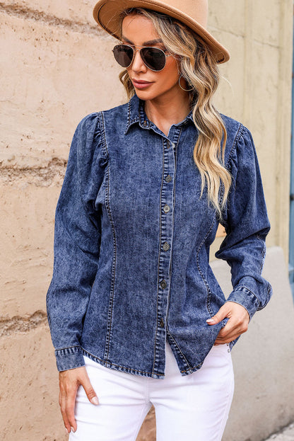 Button Up Collared Neck Denim Top-Angel Casuals