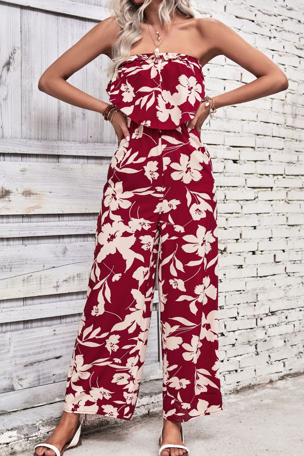 Floral Strapless Wide Leg Jumpsuit-Angel Casuals