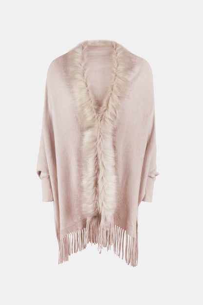 Fringe Open Front Long Sleeve Poncho-Angel Casuals
