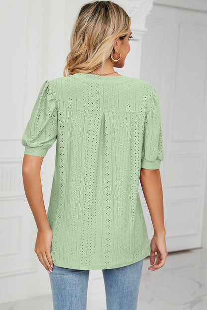 Eyelet Notched Short Sleeve T-Shirt-Angel Casuals