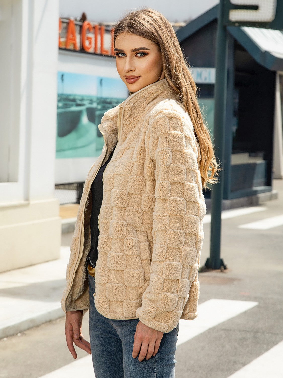 Fuzzy Checkered Zip Up Jacket-Angel Casuals