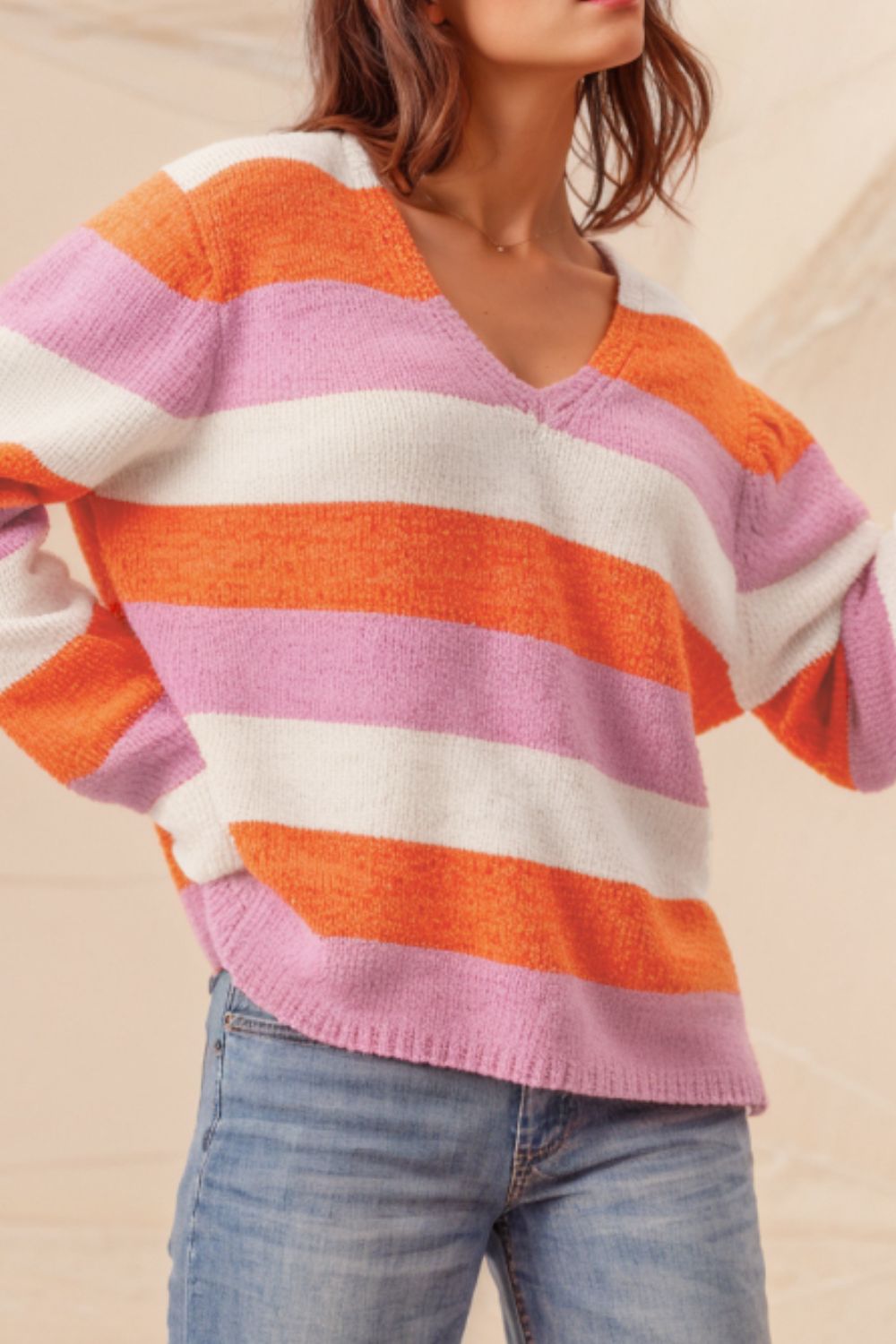 Color Block V-Neck Long Sleeve Sweater-Angel Casuals