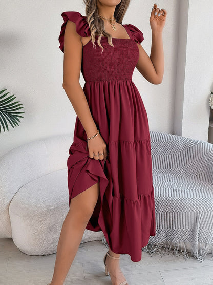 Smocked Square Neck Cap Sleeve Midi Dress-Angel Casuals