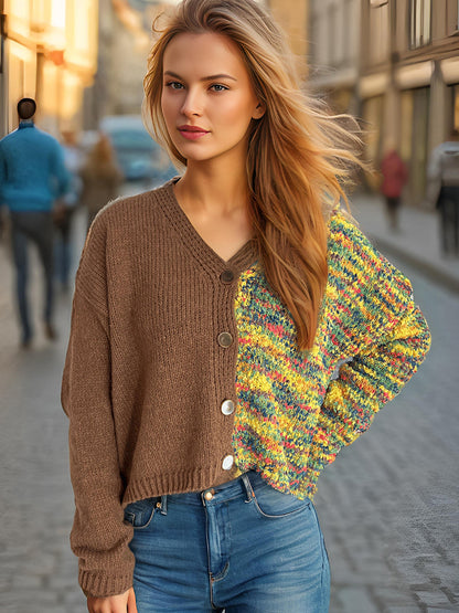 Contrast Button Up V-Neck Cropped Cardigan-Angel Casuals