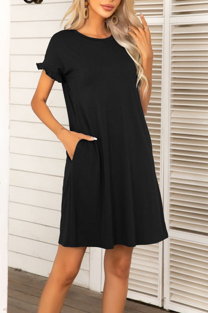 Flounce Sleeve Round Neck Dress with Pockets-Angel Casuals