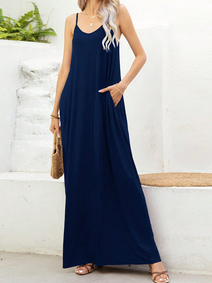 V-Neck Maxi Cami Dress with Pockets-Angel Casuals