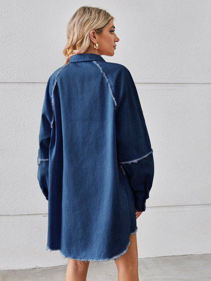 Raw Hem Button Up Denim Dress-Angel Casuals