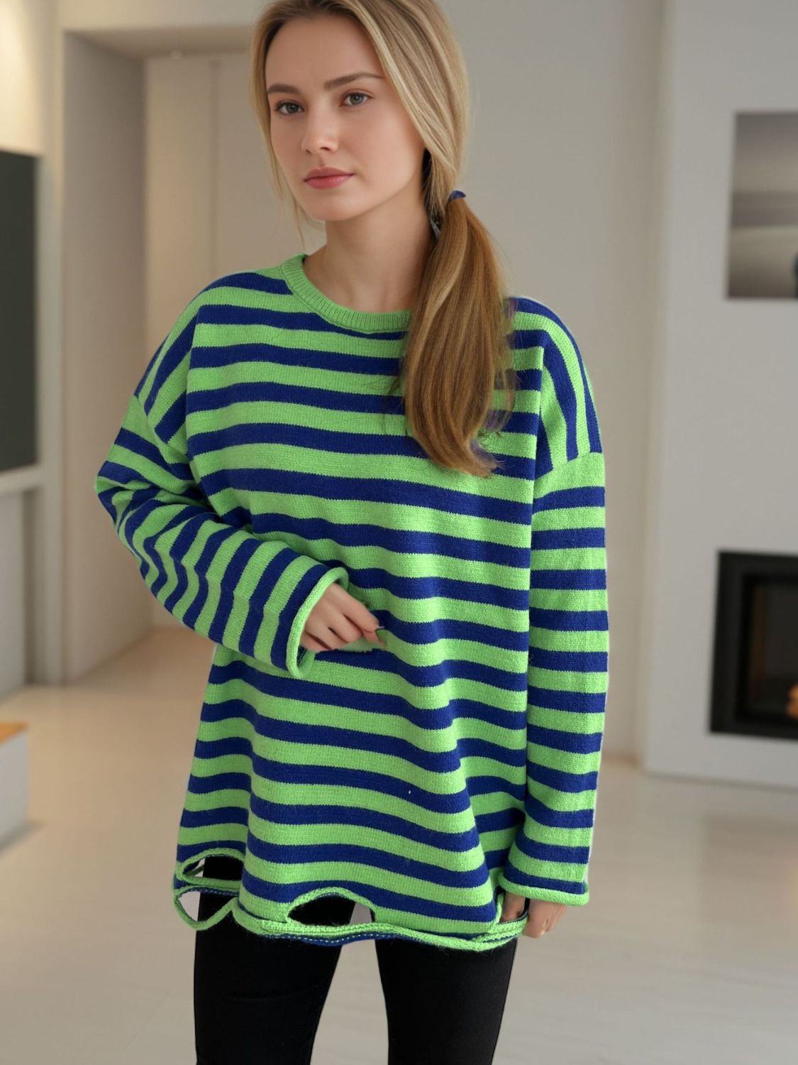 Distressed Striped Round Neck Long Sleeve Sweater-Angel Casuals