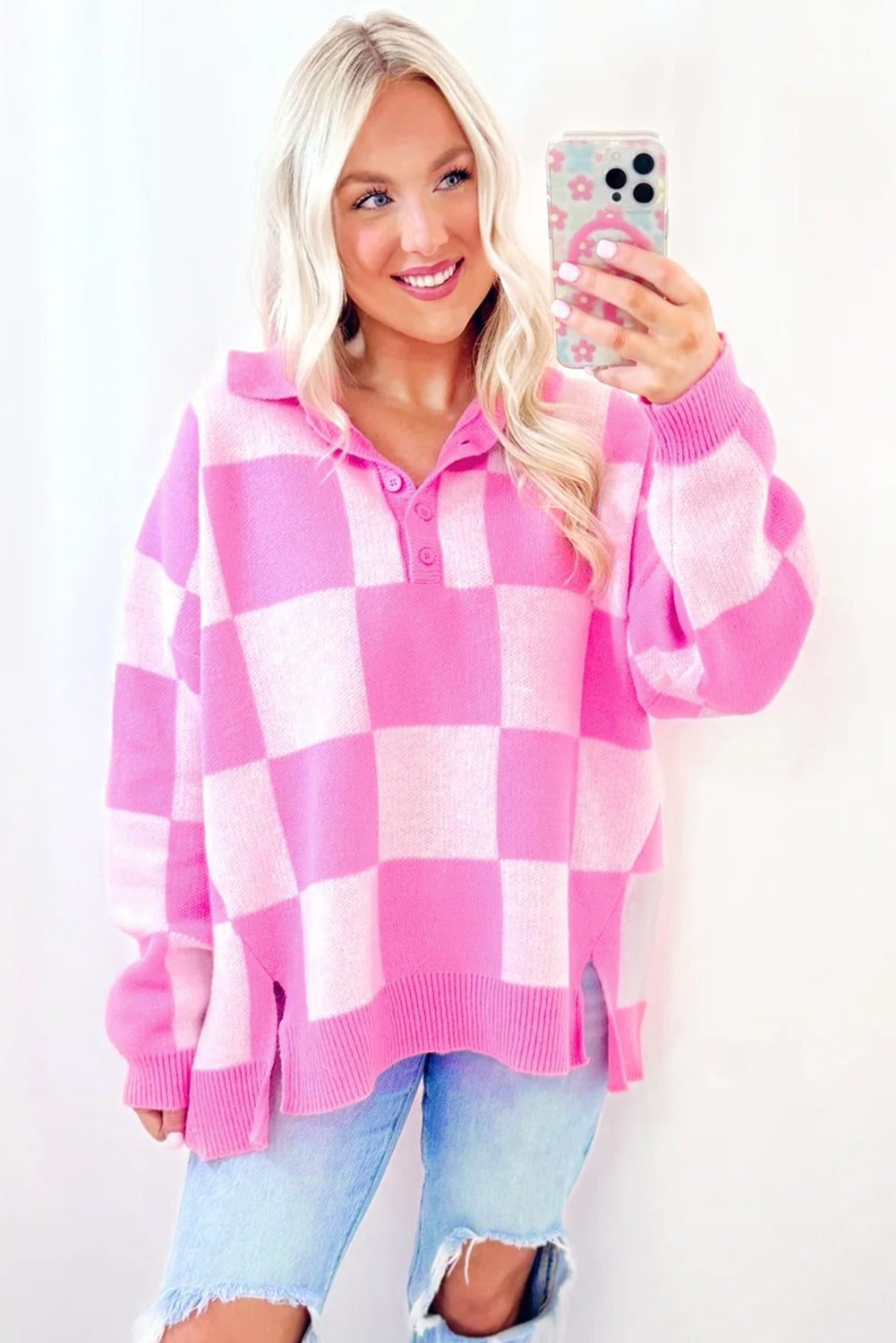 Slit Checkered Half Button Long Sleeve Sweater-Angel Casuals
