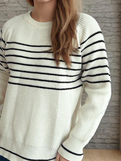 Striped Round Neck Long Sleeve Sweater-Angel Casuals