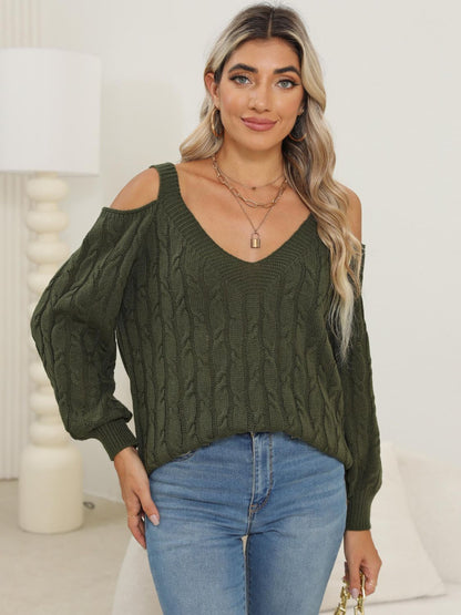 Cable-Knit V-Neck Long Sleeve Sweater-Angel Casuals