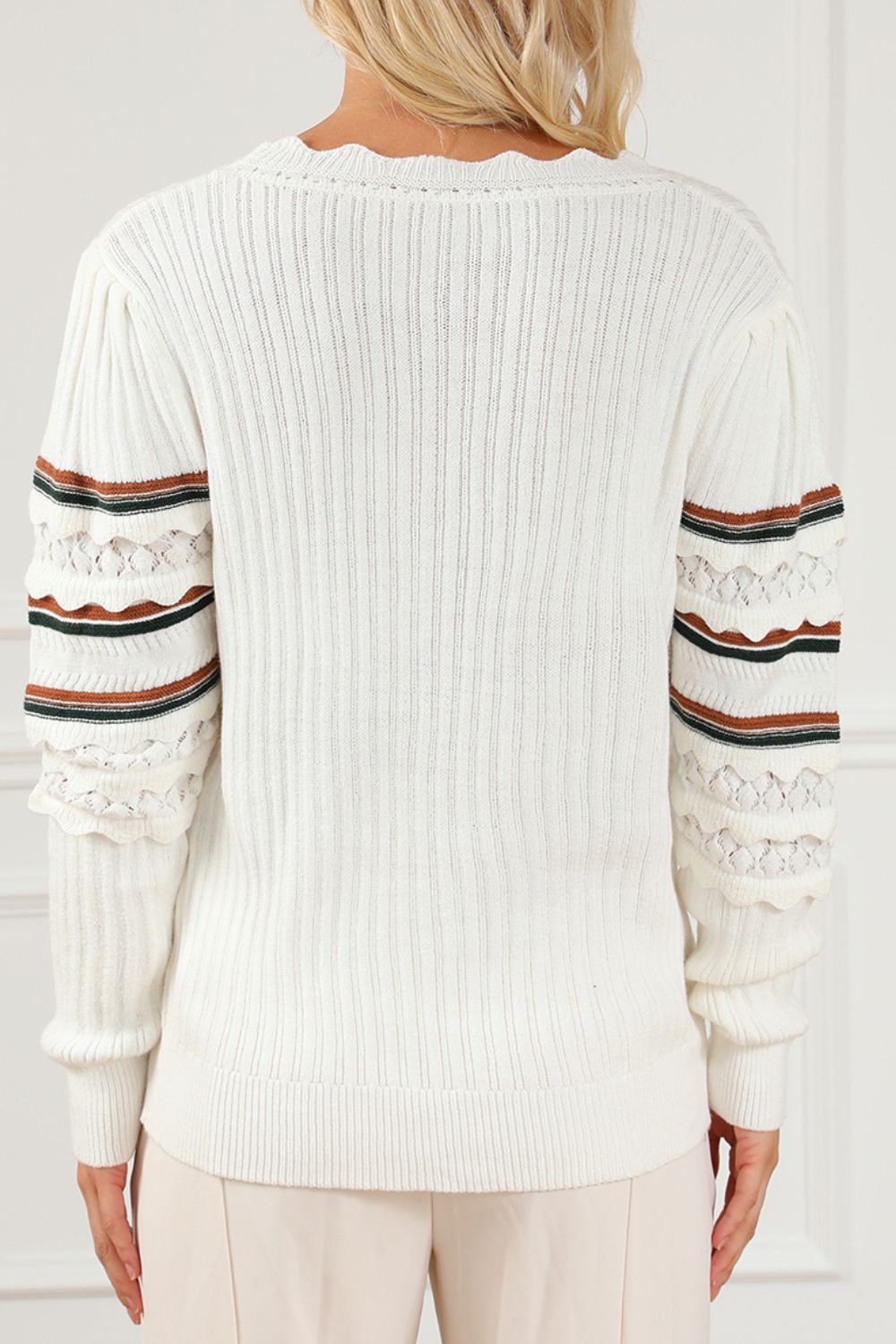 Striped Hollow Out Round Neck Long Sleeve Sweater-Angel Casuals