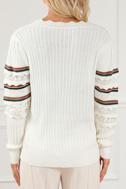 Striped Hollow Out Round Neck Long Sleeve Sweater-Angel Casuals