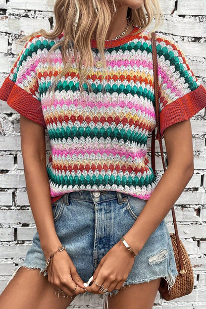 Striped Round Neck Short Sleeve Sweater-Angel Casuals