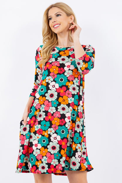 Celeste Full Size Floral Three-Quarter Sleeve Dress with Pockets-Angel Casuals