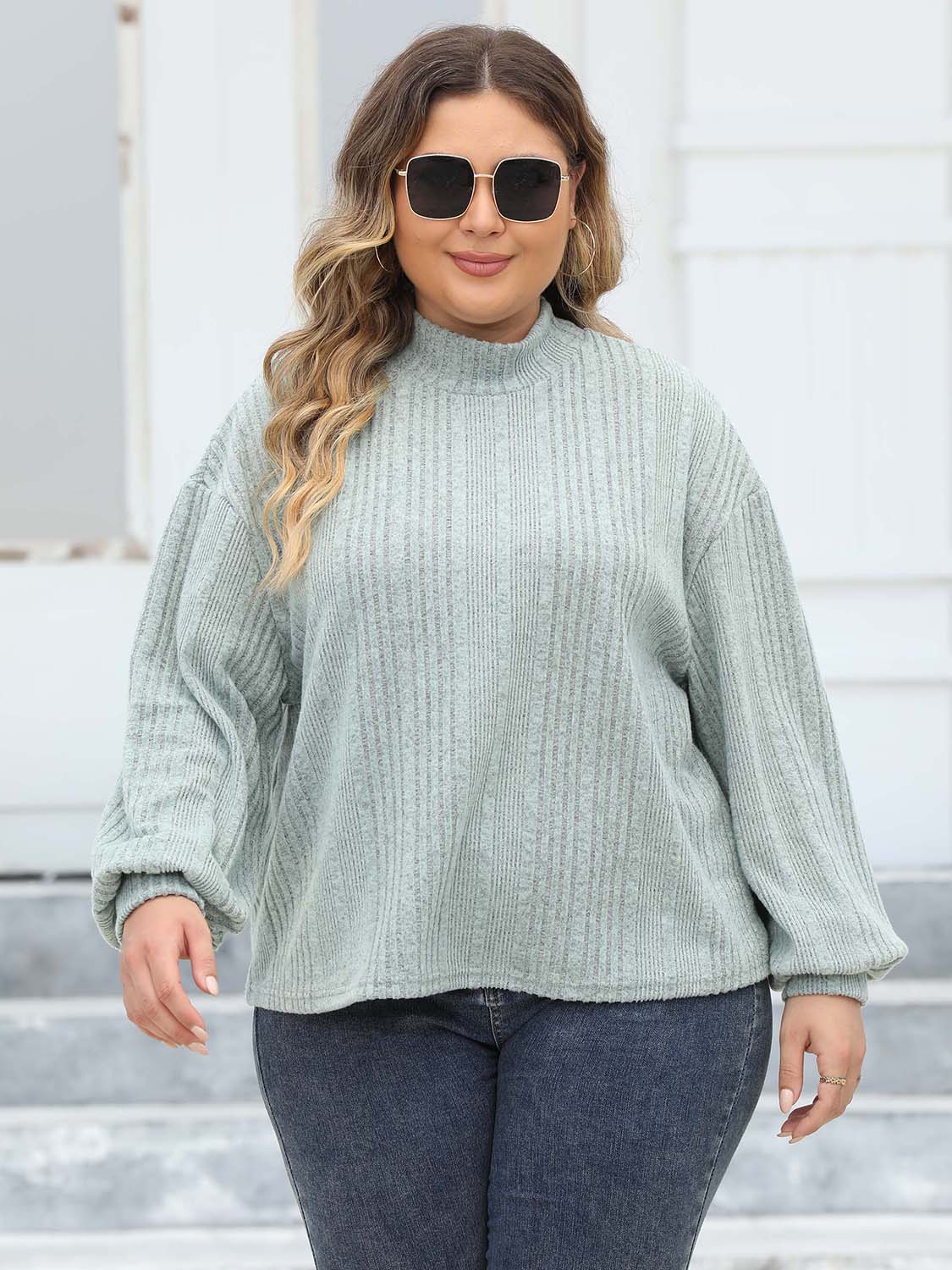 Plus Size Mock Neck Long Sleeve Knit Top-Angel Casuals