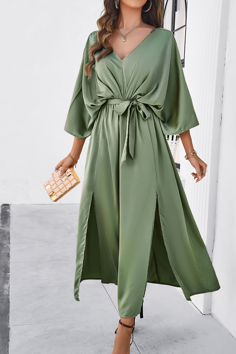 Slit Tied V-Neck Three-Quarter Sleeve Dress-Angel Casuals