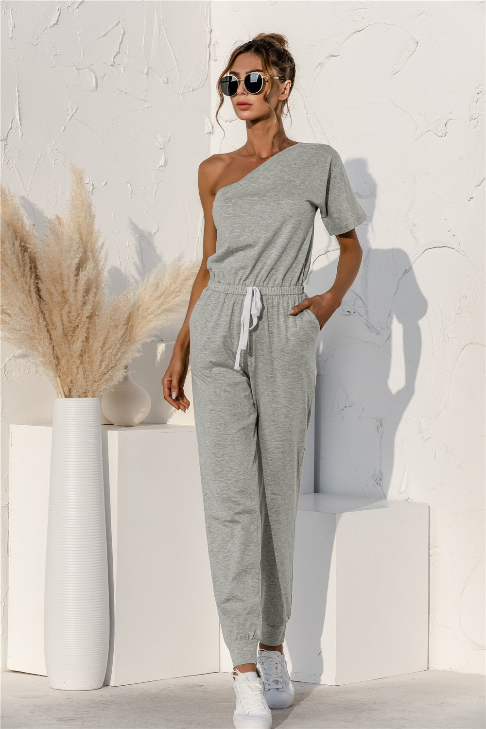 Single Shoulder Short Sleeve Jumpsuit-Angel Casuals