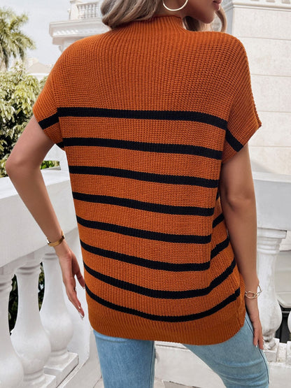 Devine Striped Mock Neck Short Sleeve Sweater-Angel Casuals