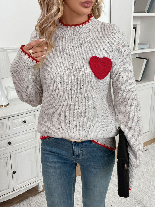 Perfee Contrast Heart Round Neck Long Sleeve Sweater-Angel Casuals