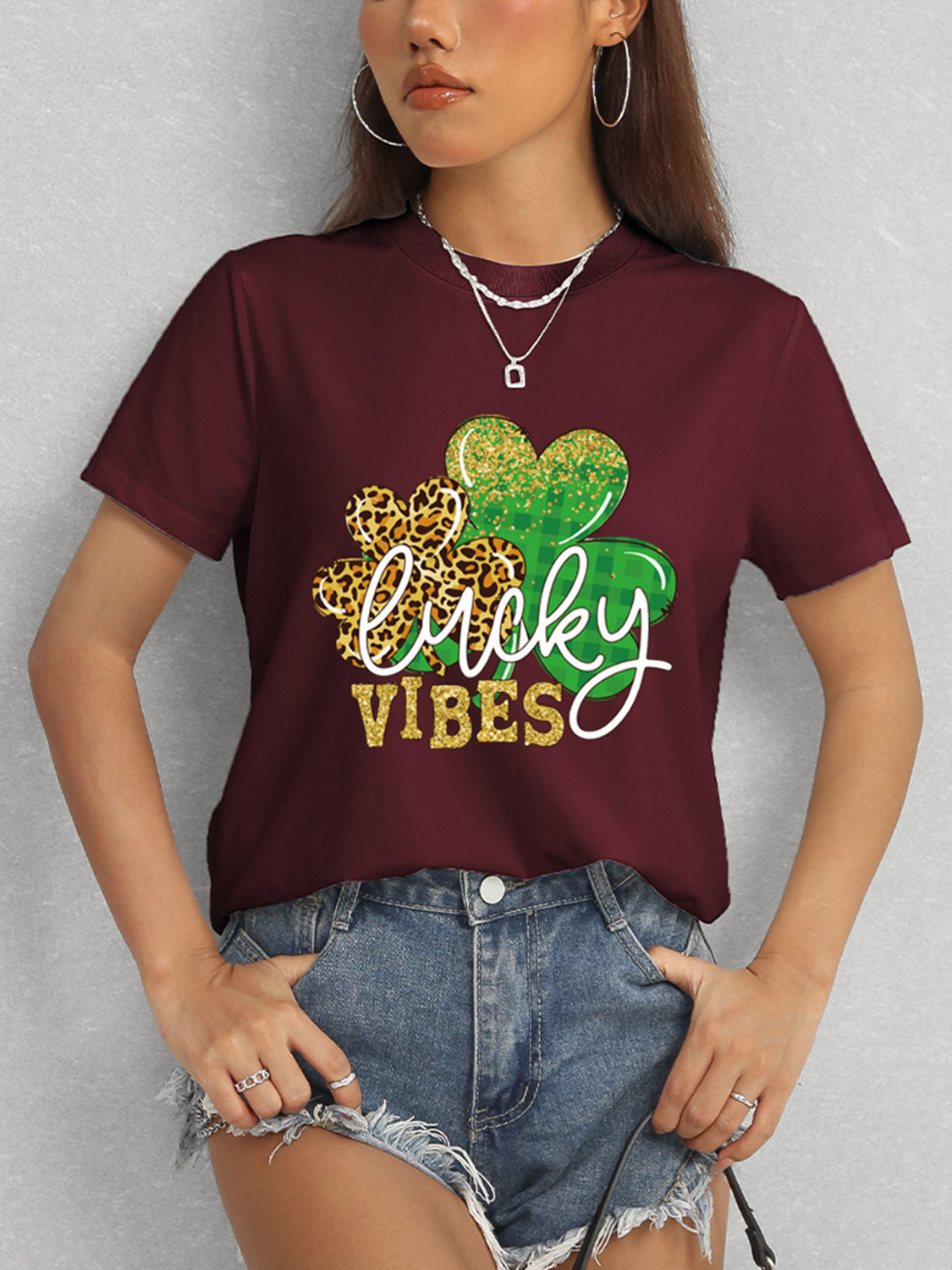 LUCKY VIBES Round Neck Short Sleeve T-Shirt-Angel Casuals