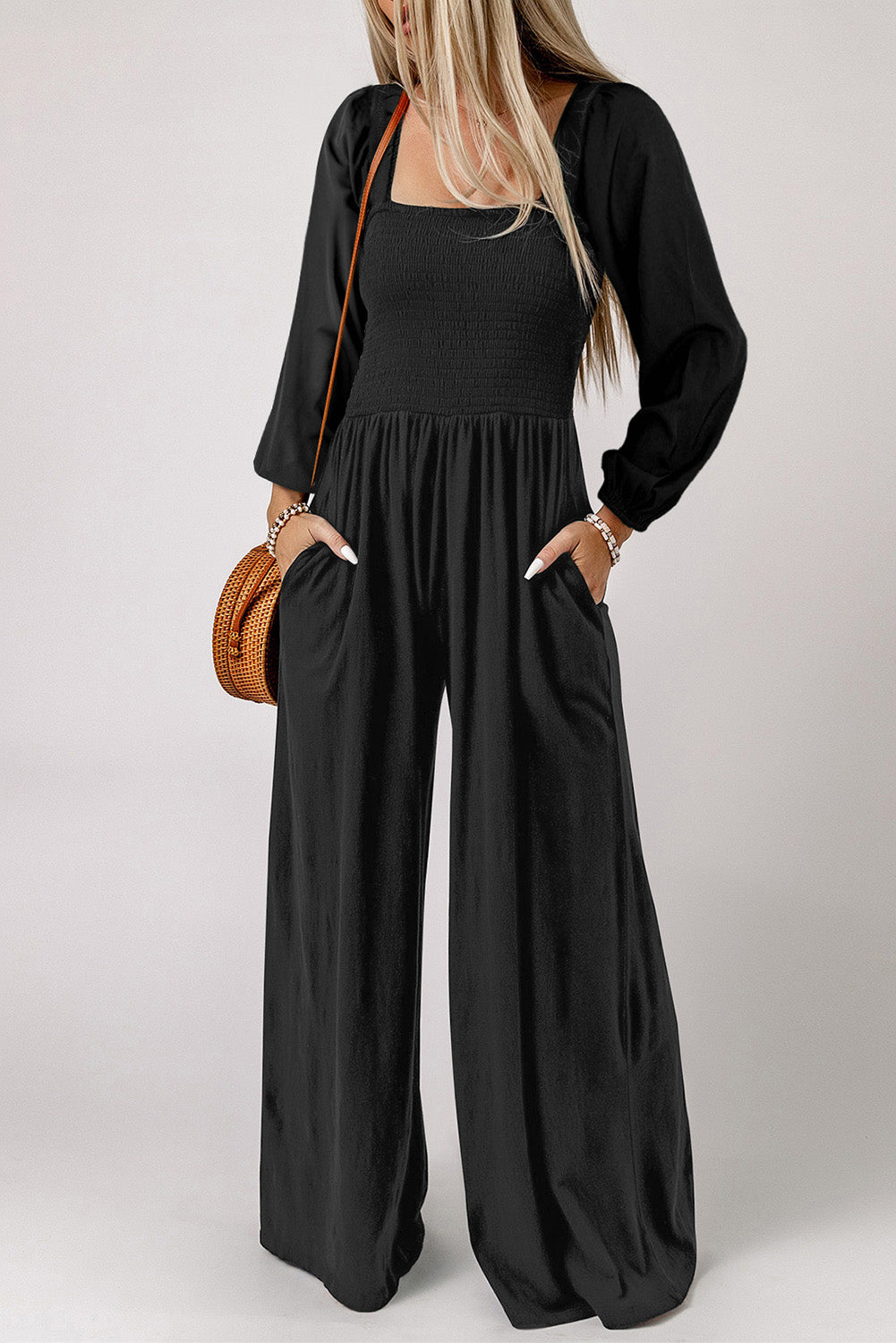 Square Neck Raglan Sleeve Jumpsuit with Pocket-Angel Casuals