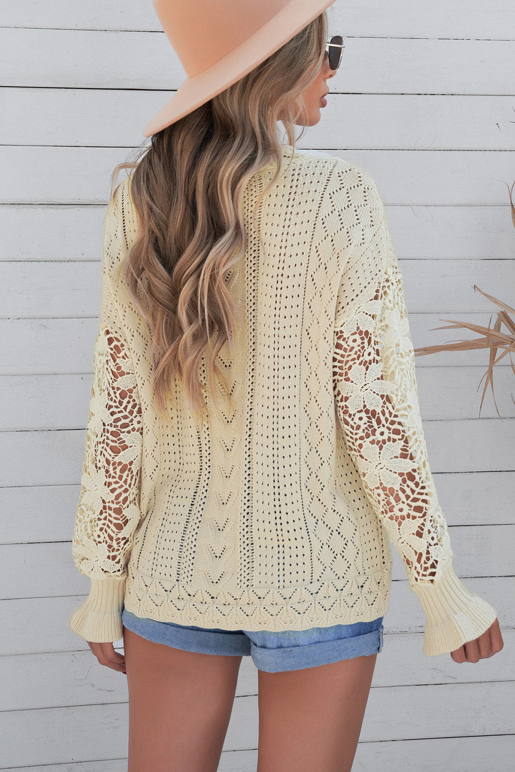 Openwork Lantern Sleeve Dropped Shoulder Sweater-Angel Casuals