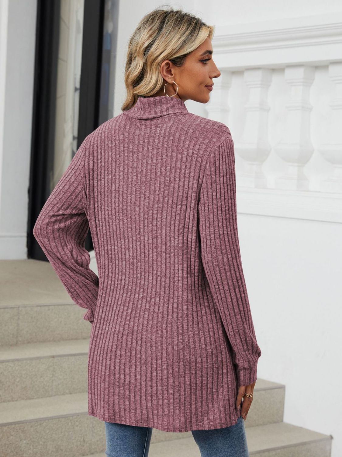 Ribbed Mock Neck Long Sleeve T-Shirt-Angel Casuals