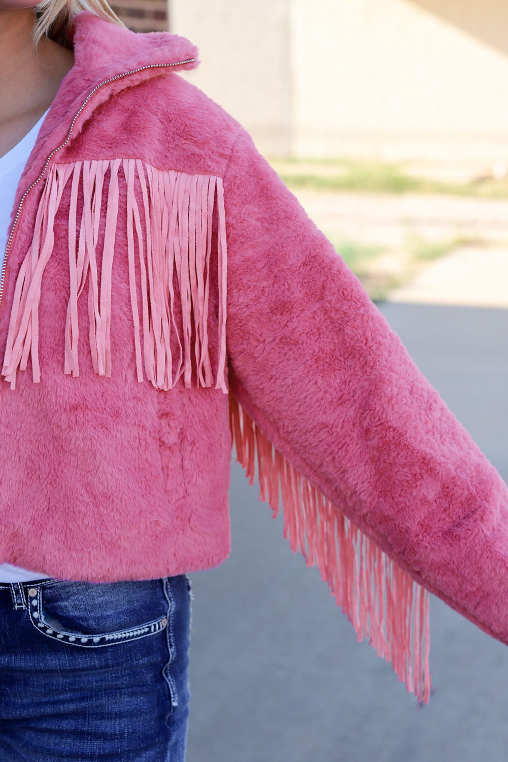 Fringed Zip Up Fleece Jacket-Angel Casuals