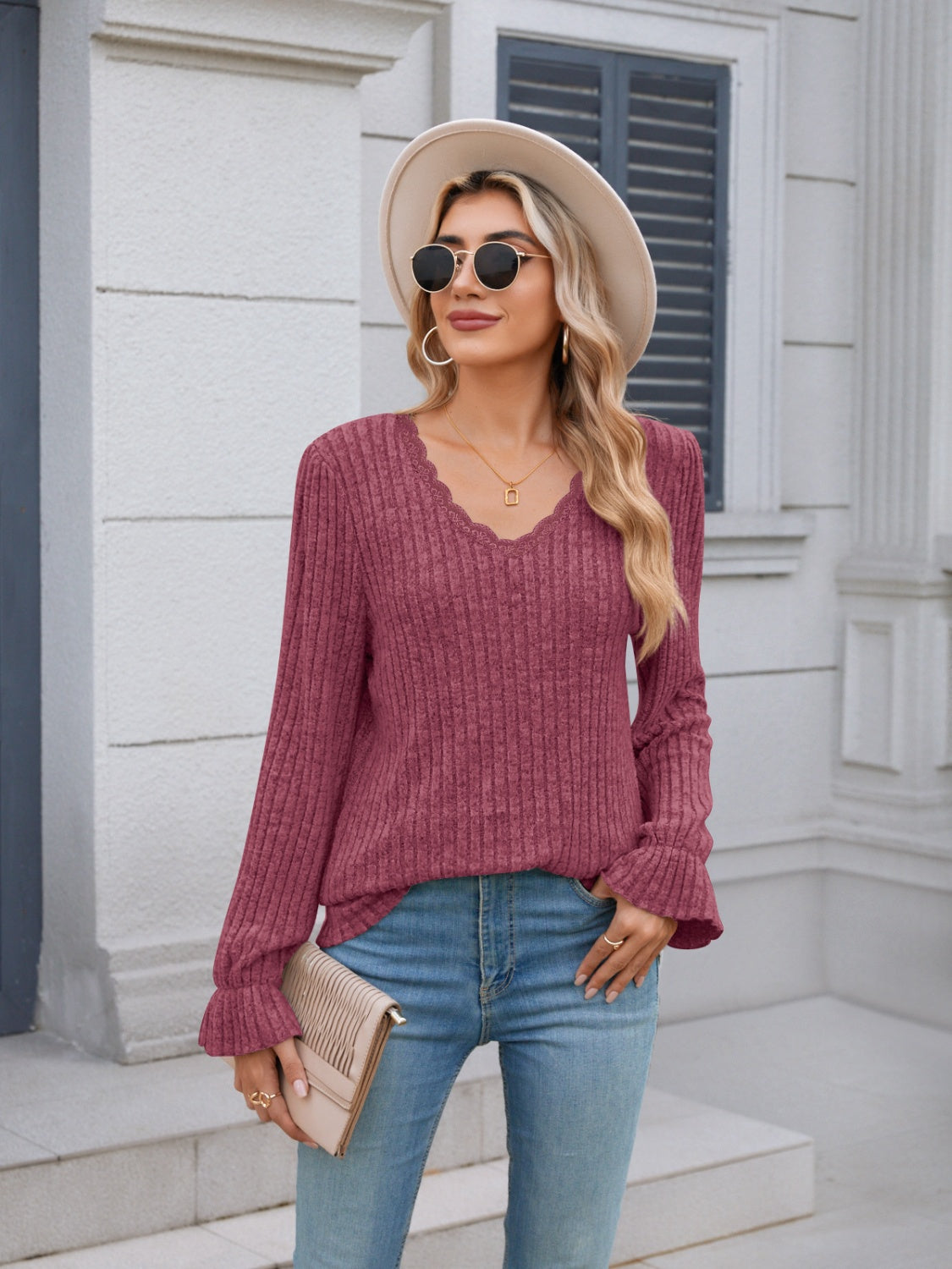 Lace Detail V-Neck Long Sleeve T-Shirt-Angel Casuals