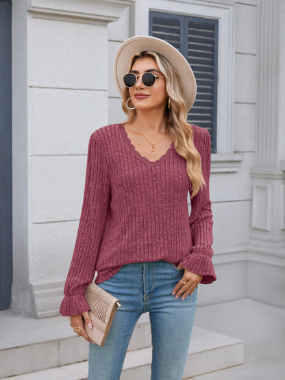 Lace Detail V-Neck Long Sleeve T-Shirt-Angel Casuals