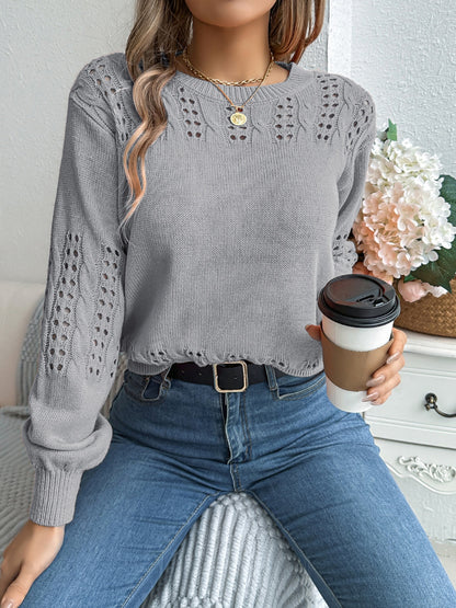 Openwork Round Neck Long Sleeve Sweater-Angel Casuals