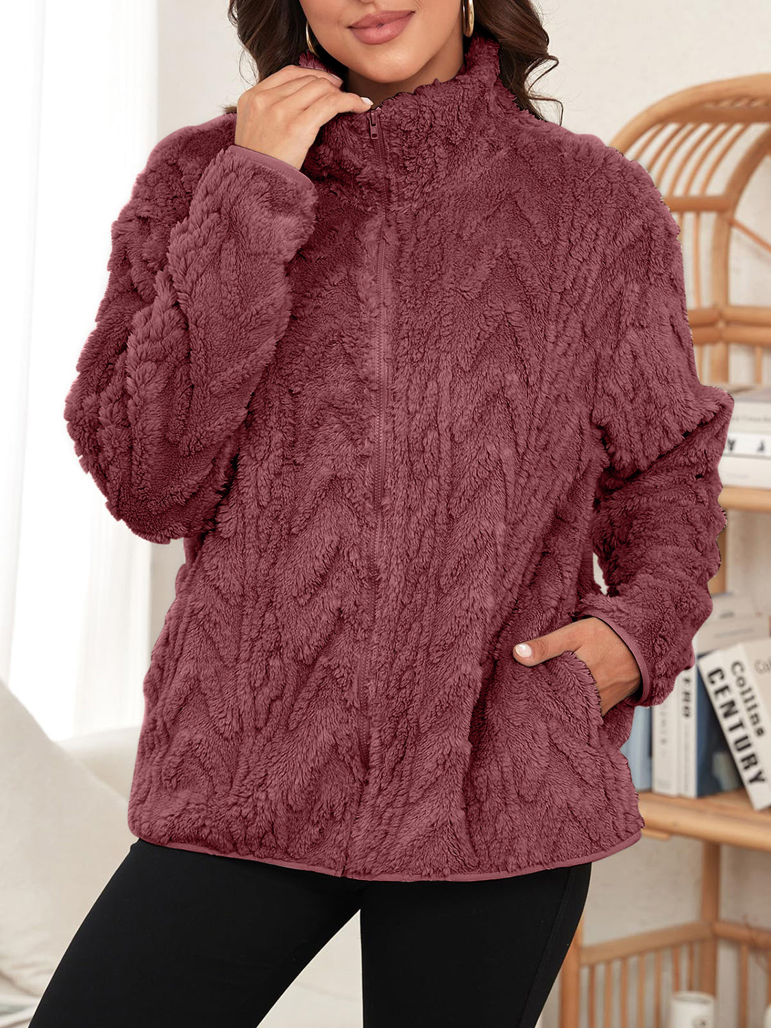Fuzzy Zip Up Long Sleeve Jacket-Angel Casuals