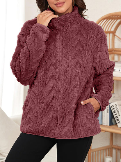 Fuzzy Zip Up Long Sleeve Jacket-Angel Casuals