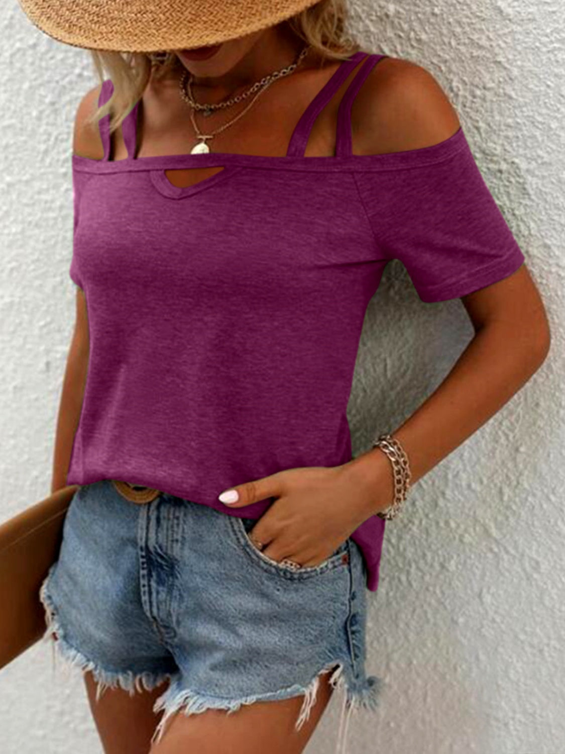 Double Spaghetti Straps Short Sleeve T-Shirt-Angel Casuals