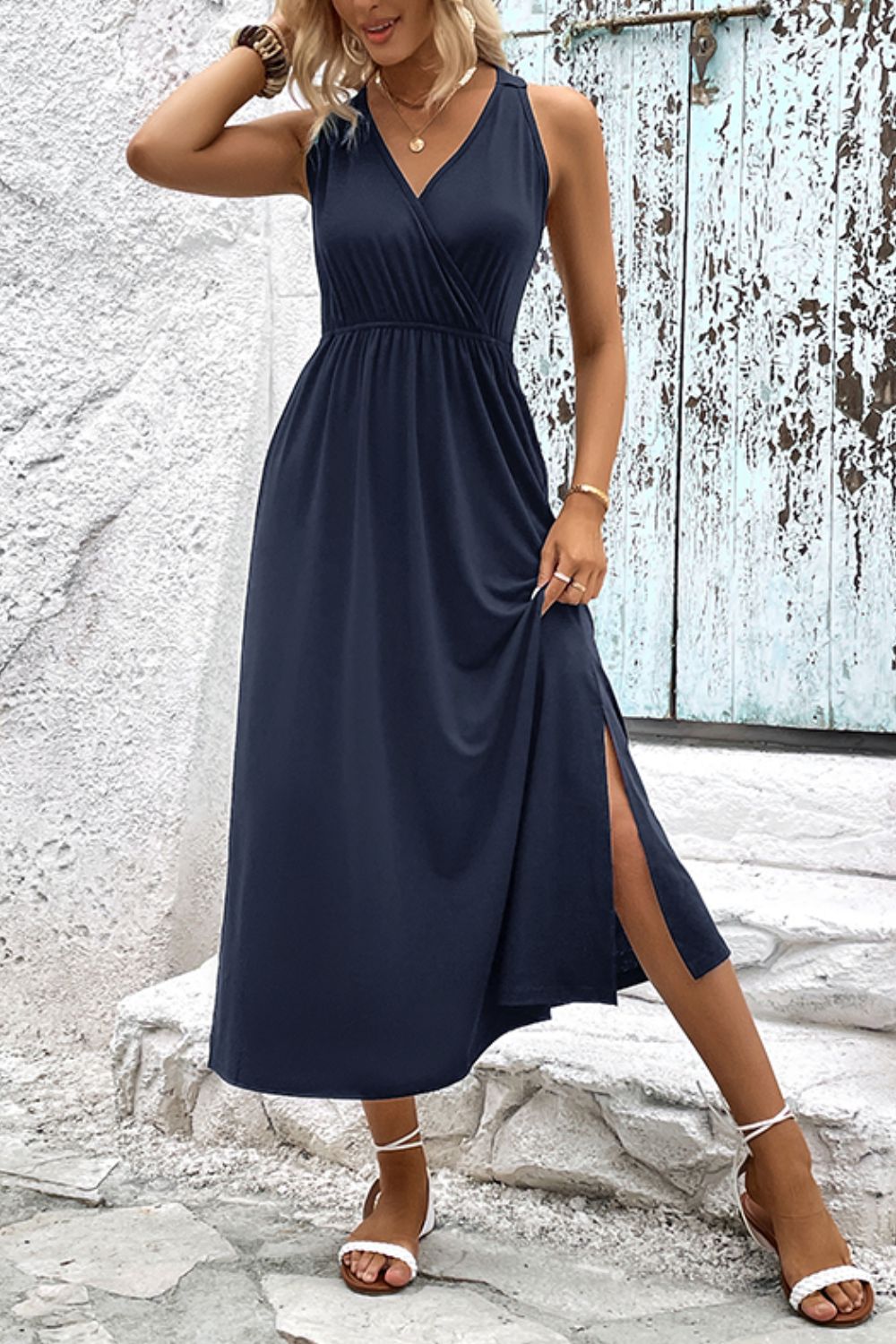 Surplice Neck Slit Sleeveless Dress-Angel Casuals