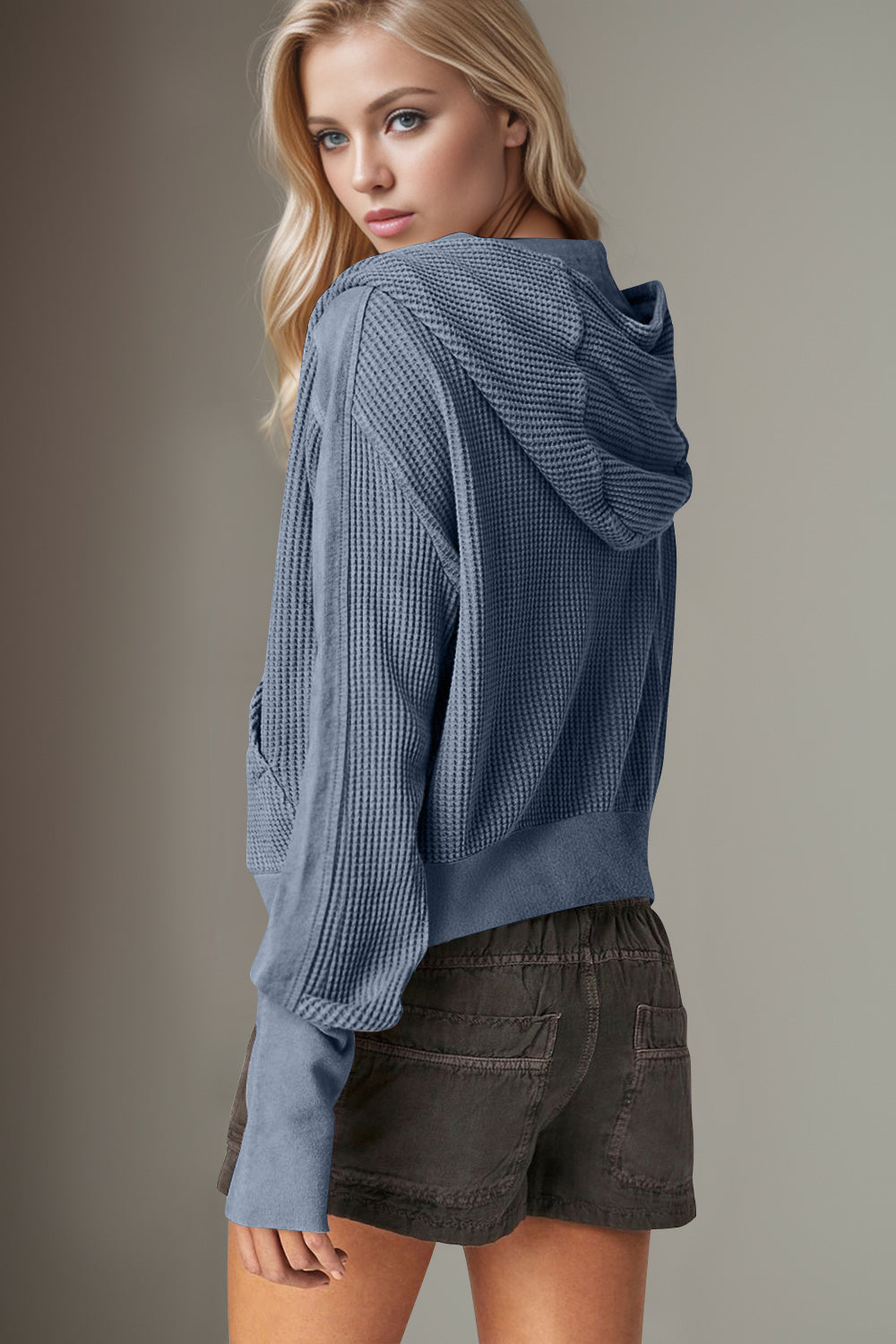 Double Take Waffle-Knit Zip Up Long Sleeve Hooded Jacket-Angel Casuals