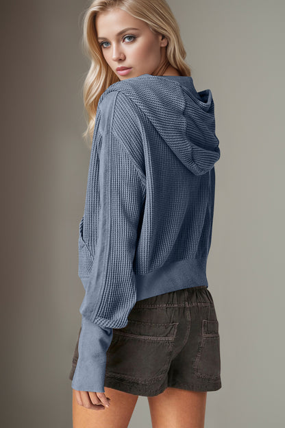 Double Take Waffle-Knit Zip Up Long Sleeve Hooded Jacket-Angel Casuals
