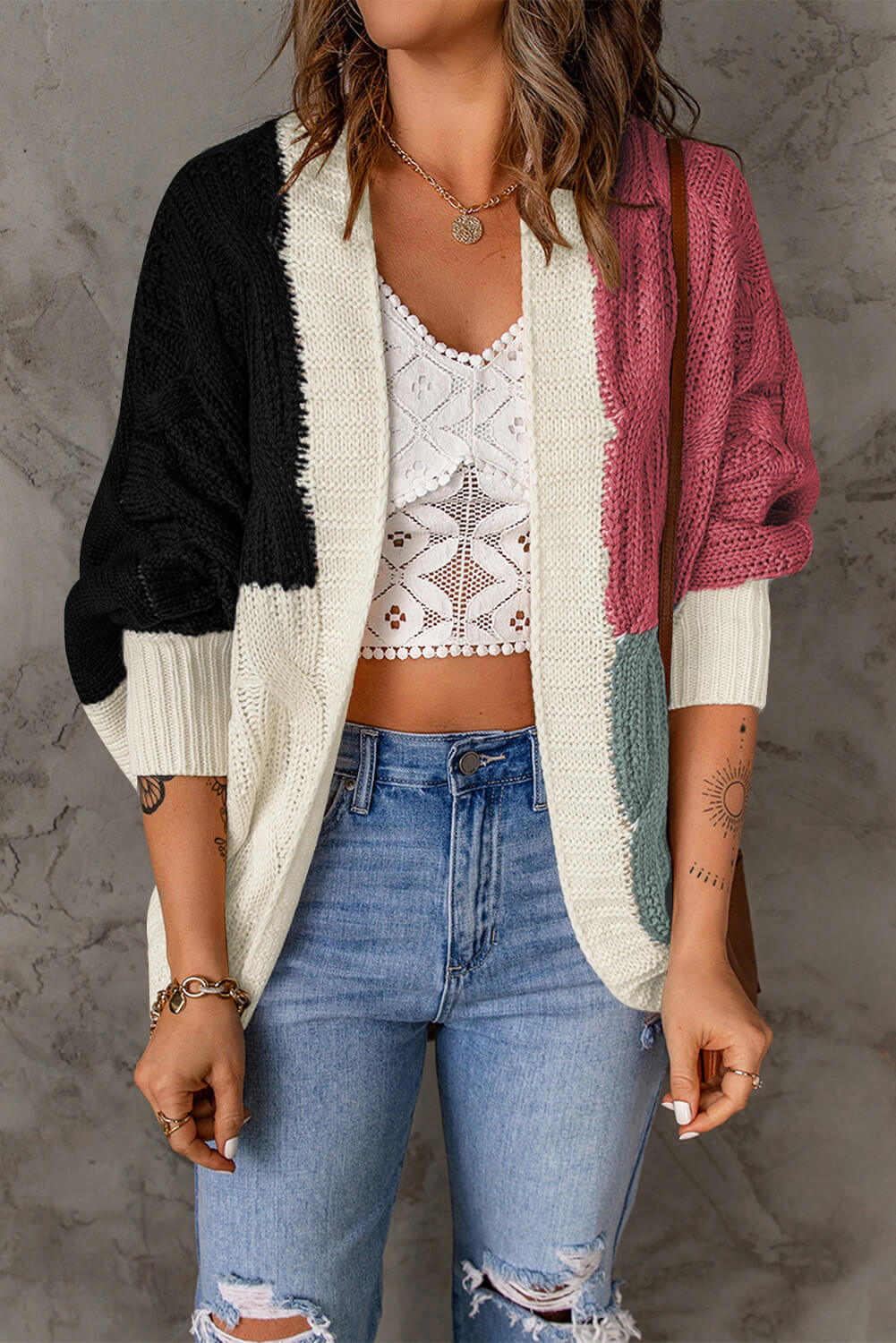 Woven Right Color Block Cable-Knit Batwing Sleeve Cardigan-Angel Casuals