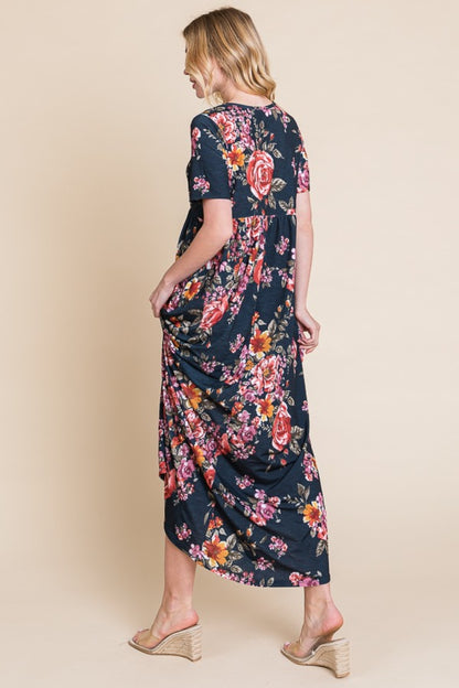 BOMBOM Floral Short Sleeve Maxi Dress-Angel Casuals