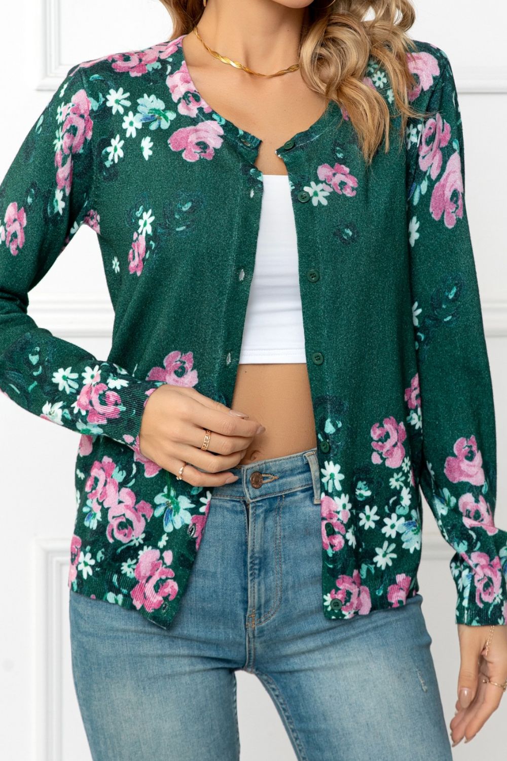 Woven Right Floral Button Front Round Neck Cardigan-Angel Casuals