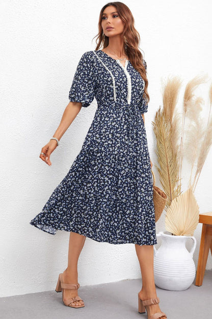 Floral Notched Neck Lace Trim Midi Dress-Angel Casuals