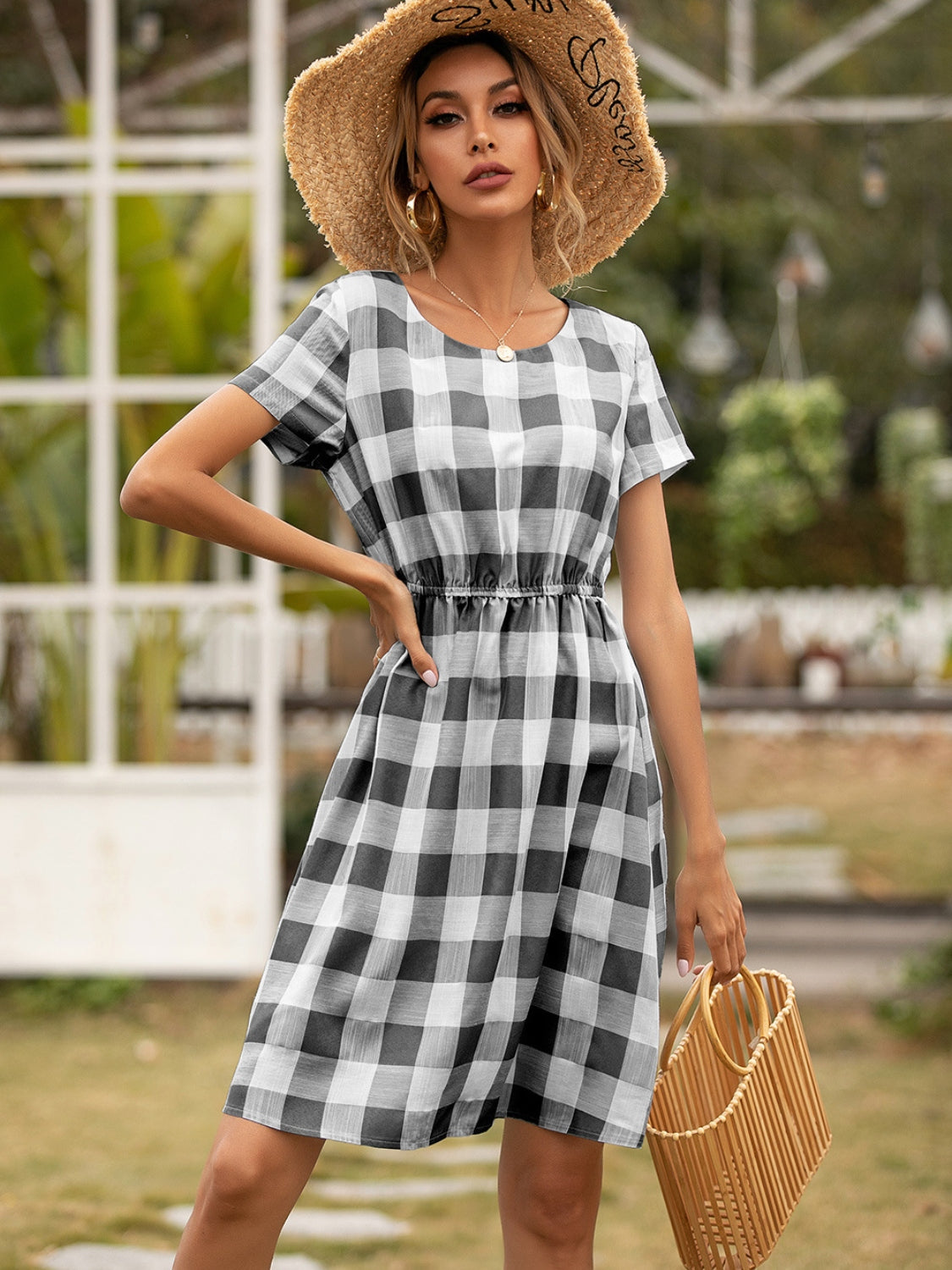 Smocked Plaid Round Neck Short Sleeve Dress-Angel Casuals