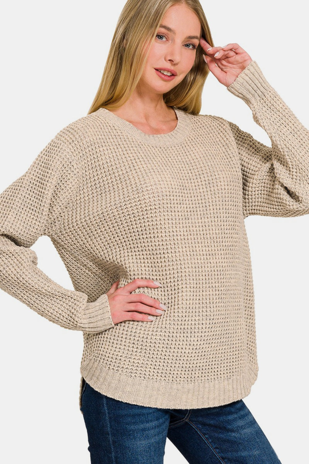 Zenana High Low Long Sleeve Waffle Sweater-Angel Casuals