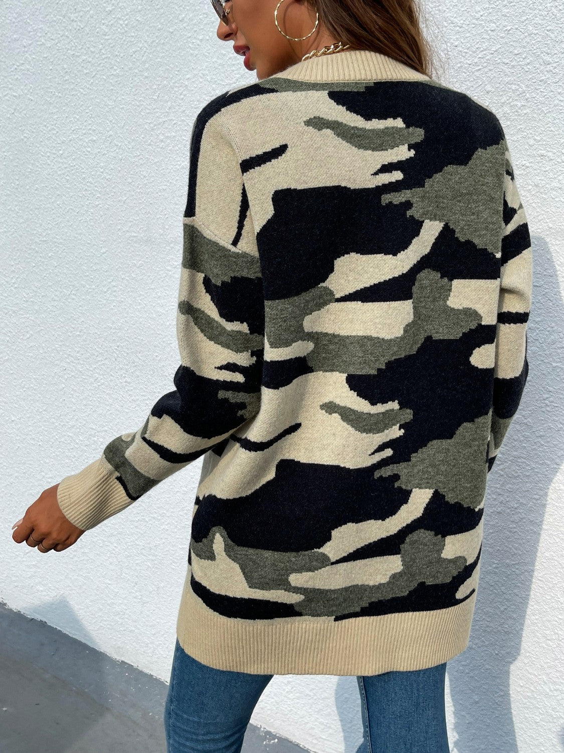 Camouflaged Dropped Shoulder Open Front Cardigan-Angel Casuals